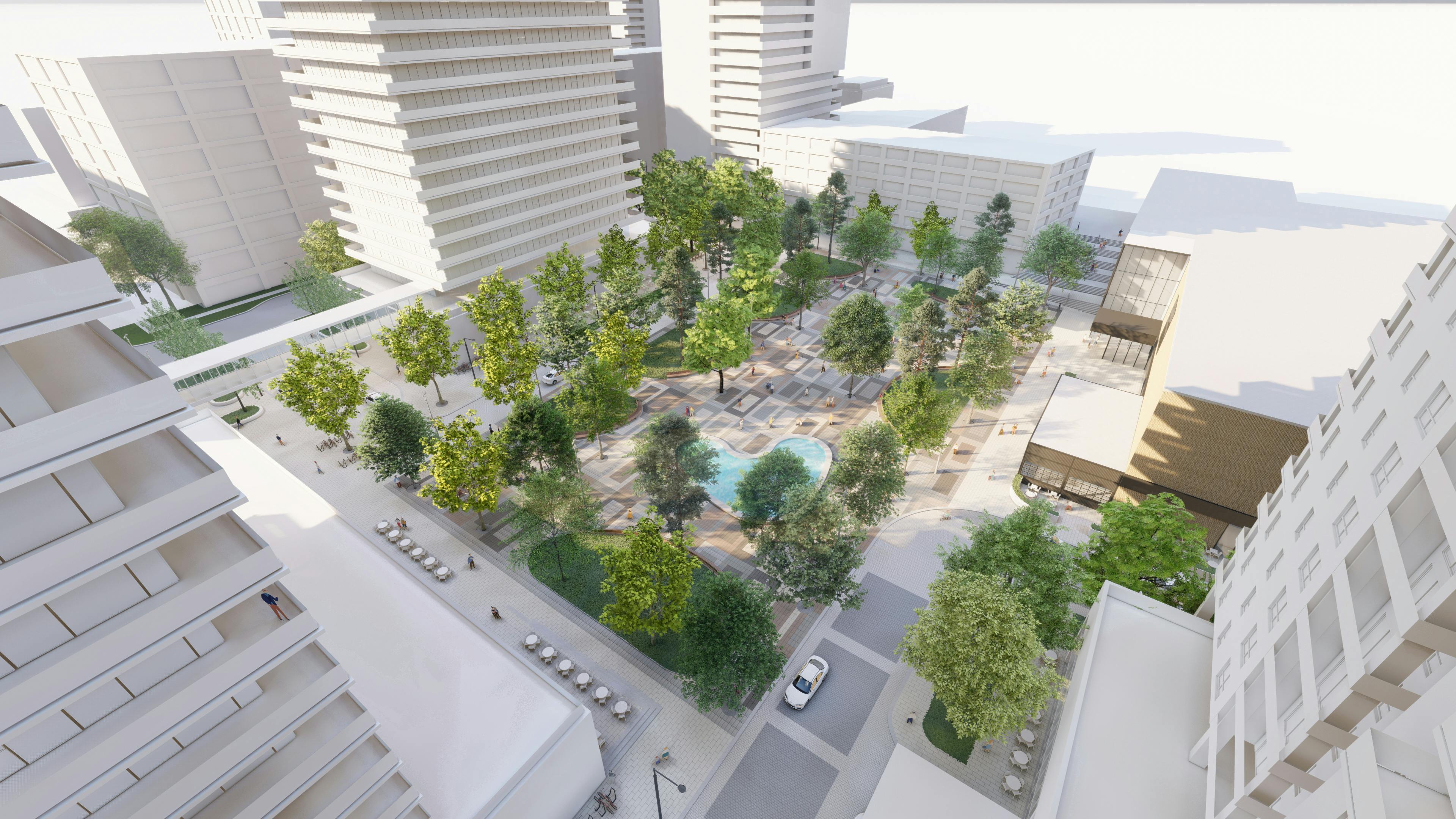 Rendering of project site with public park spanning one block. 