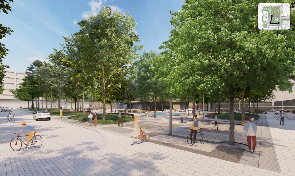 rendering of courtyard with many trees and people walking. 