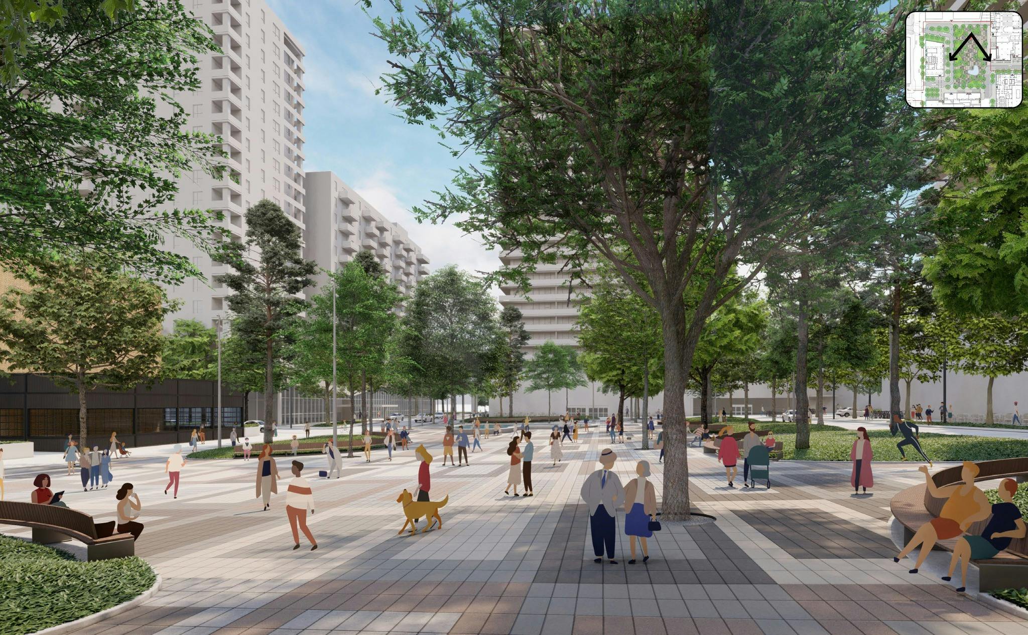 Rendering of project site with public park spanning one block. 